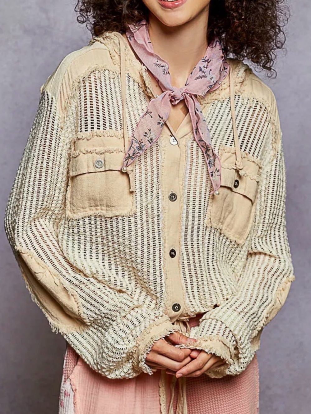 Camel Hooded Button-Down Knit Shirt Jacket with Cinch Tie Bottom by Blue Velvet